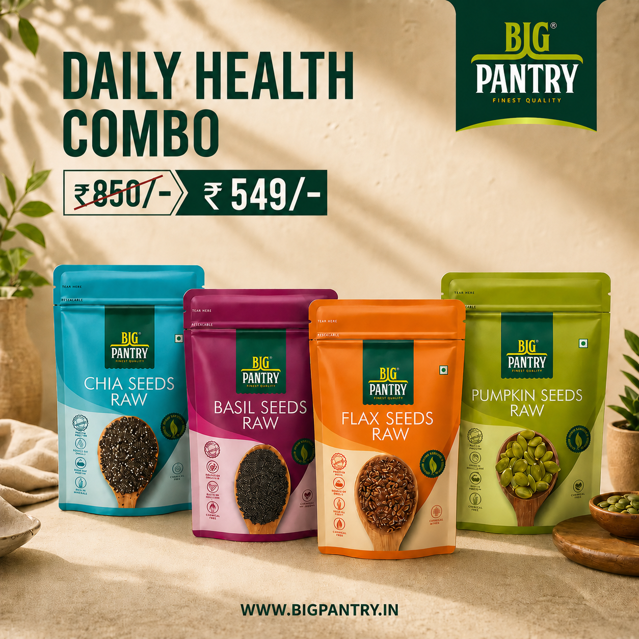 Big Pantry Seed Variety Pack — Chia, Basil, Flax & Pumpkin Seeds, 4x200g pouches, 800g bundle